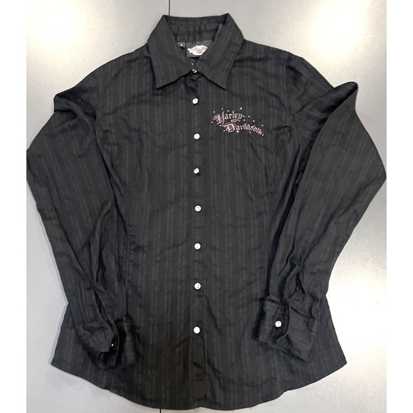 Harley Davidson Button Up Shirt Womens S Black Excellent Wing Rhinestone Logo - Picture 3 of 5